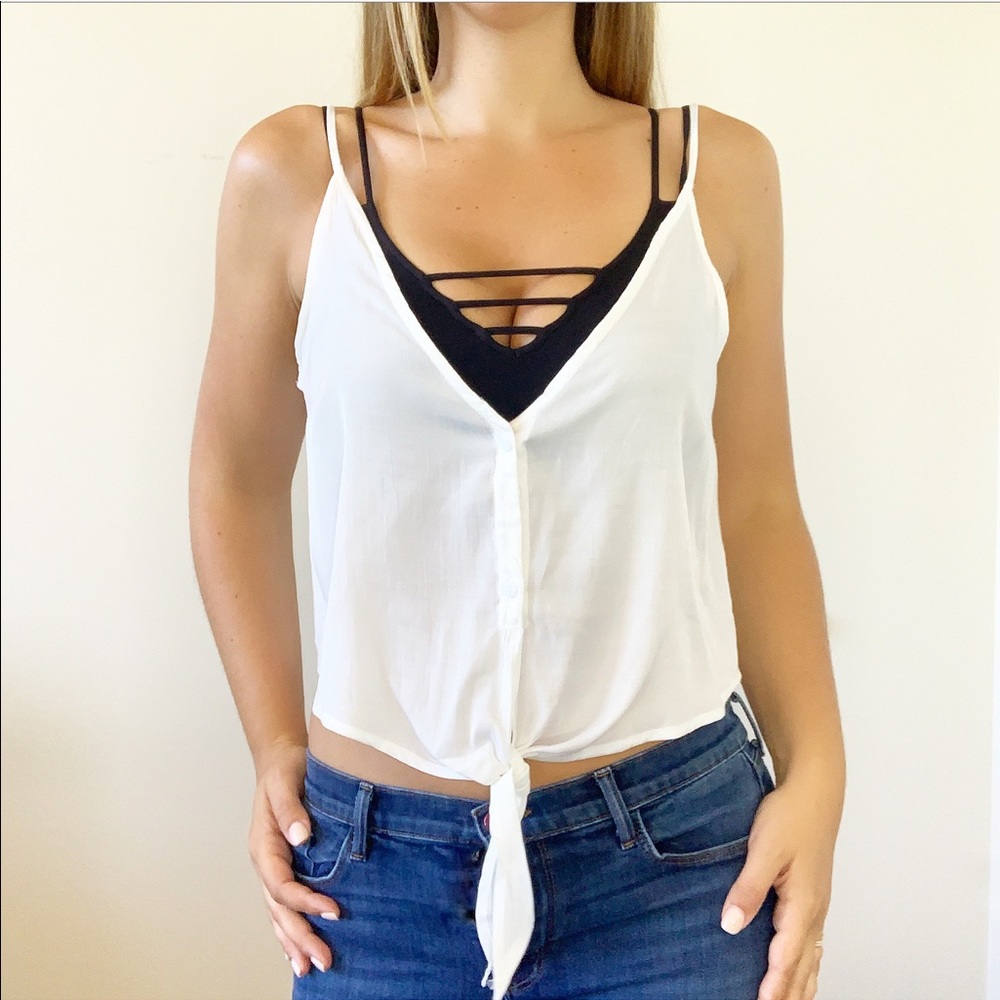 'Tease' Tie Front Cami Crop Top V Neck Blouse - Picture 6 of 6
